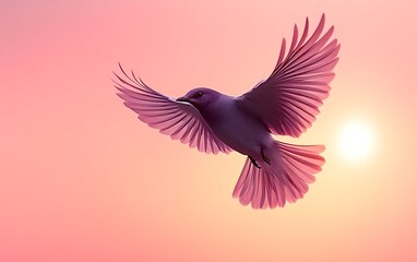 Obraz premium Pink bird in flight at sunset.