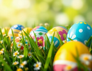 Colorful Easter eggs, a sweet spring holiday food, are nestled in a basket