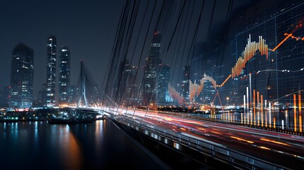 Obraz premium Cityscape with light trails and stock market chart overlayed on the urban scene.