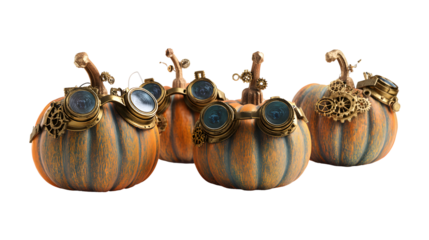 Steampunk Autumn: Festive Pumpkins Adorned with Gears and Goggles for Halloween