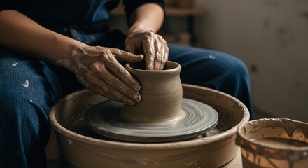 Hands shaping clay on a pottery wheel in a workshop studio setting