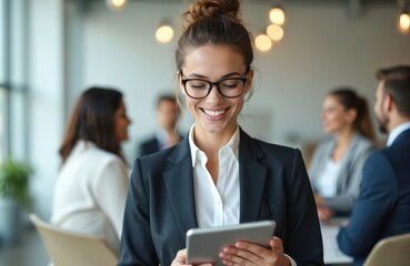Smiling businesswoman works in office using tablet. Happy female entrepreneur in formal suit with eyeglasses. People in background, office interior. IOT tech, digital app, software, website planning.
