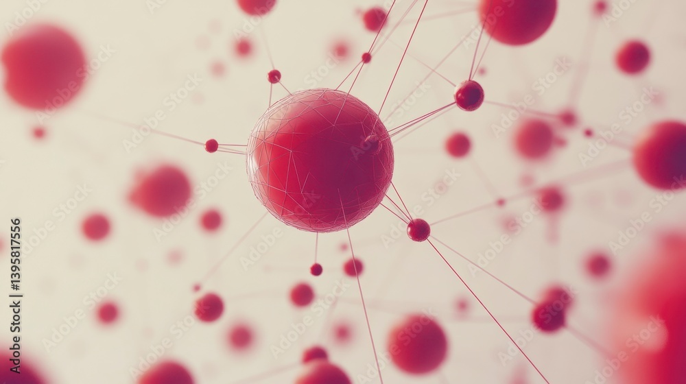 Poster abstract red spheres interconnected by thin lines, creating a complex network.