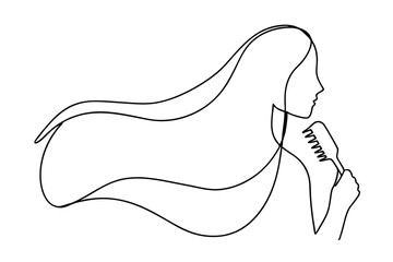 Minimalist One Line Drawing Woman Combing Hair Isolated On White Background