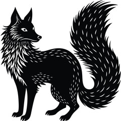 Minimalist Fox Black & White Standing in Grass with Curled Tail