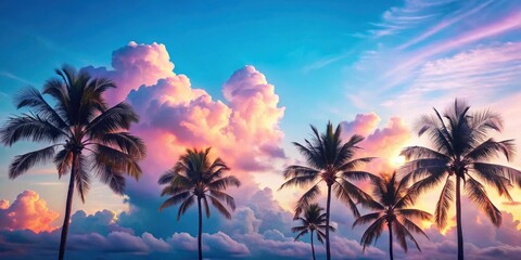 Fototapeta na wymiar Serene Tropical Sunset with Silhouetted Palm Trees and Pastel Clouds