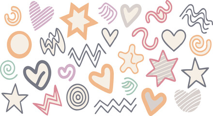 Modern Basic Shapes Set — Star, Arrow, Triangle, Circle, Heart, Zigzag, Spiral, and Wavy Lines. Trendy Memphis Geometric Pattern with a Cool Abstract Retro 80s, 90s Style. Fun and Cute Doodle Design f