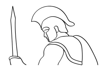 Minimalist Outline Drawing Of Spartan Warrior With Spear And Helmet