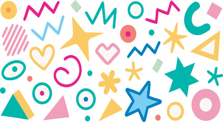 Modern Basic Shapes Set — Star, Arrow, Triangle, Circle, Heart, Zigzag, Spiral, and Wavy Lines. Trendy Memphis Geometric Pattern with a Cool Abstract Retro 80s, 90s Style. Fun and Cute Doodle Design f