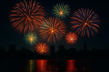Vibrant Fireworks Over City Skyline at Night
