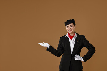 Smiling stewardess showing something on brown background. Space for text