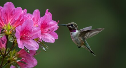Fototapeta premium Hummingbird Flying Near Pink Flowers Drinking Nectar