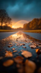 Obraz premium Rain-soaked road reflects golden sunset with scattered autumn leaves and trees lining the horizon