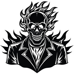 Fototapeta premium Monochrome Skull Icon with Helmet and Flames, Rider Grim Death, Moto Club Emblem