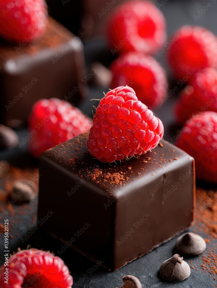 Poster chocolate squares topped with raspberries and sprinkled with cinnamon.