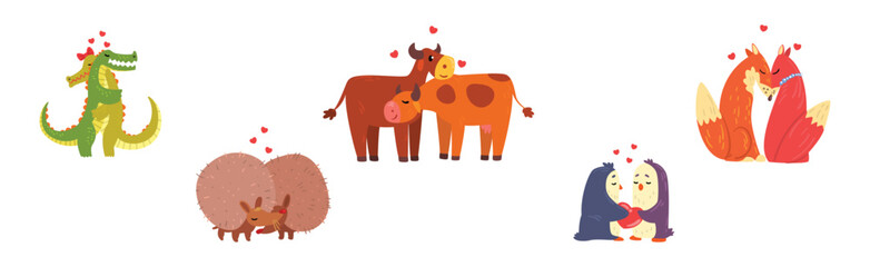 Animal Couple in Love Embrace and Hug Vector Set