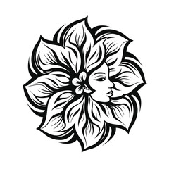 Silhouette Asian Woman's Face in Floral Petals Black and White Artistic