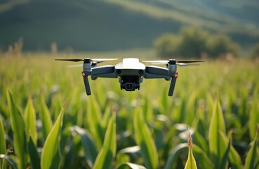 Drone flying over agricultural field. Modern tech agro business. Crop monitoring via drone. Automated crop control, smart farming. Future of food production. Aerial view of countryside.
