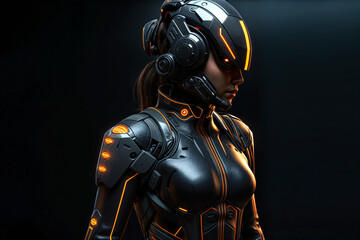 Futuristic warrior in armored suit. Cyberpunk woman with helmet and glowing lights. Sci-fi soldier portrait. Modern technology and protection concept.