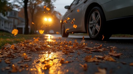 Autumn leaves scattered on a street, car passing by. Sunlight filtering through the foliage
