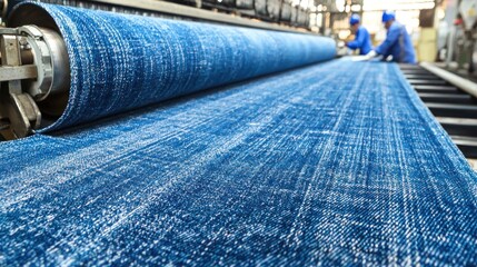 Blue carpet manufacturing, factory workers, industrial production, textile industry