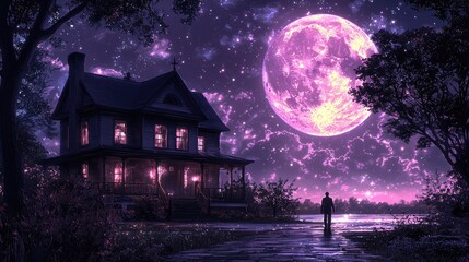 Fototapeta premium Night house, glowing moon