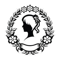 Silhouette Woman Profile Inside Floral Wreath and Ribbon, Minimalist Black Design