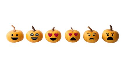 Expressive pumpkin faces representing diverse emotions on a dark canvas background