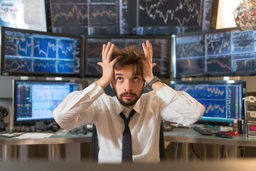 Stockbroker annoyed of big money stock fall because tariffs in stock exchange.