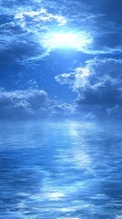 Fototapeta premium Sun reflecting over blue water against a partly cloudy sky in vertical composition