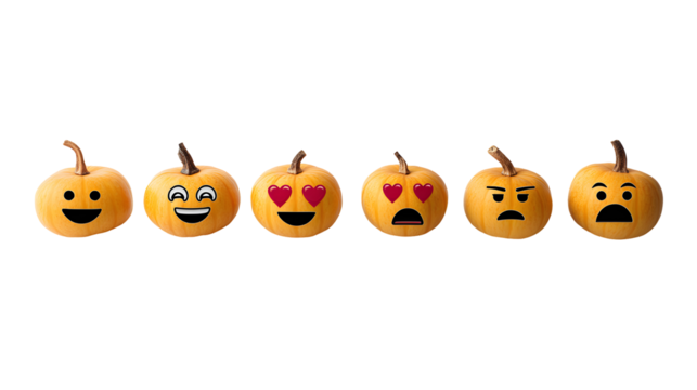 Expressive pumpkin faces representing diverse emotions on a dark canvas background