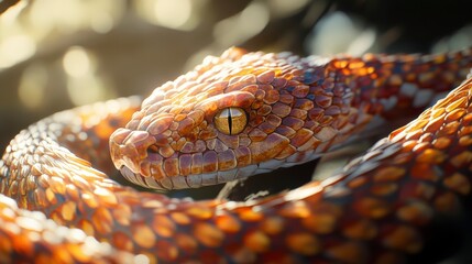 Fototapeta premium Close-up of a vibrant orange and brown snake coiled in a natural setting, sunlit scales gleaming.