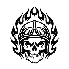 Skull with Helmet and Goggles Surrounded by Flames, Black and White