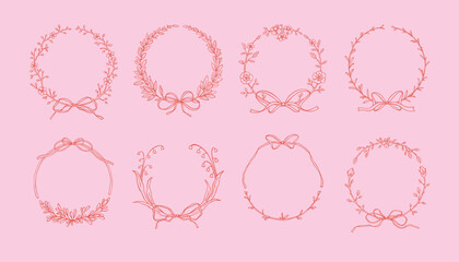 Set of cute line doodle spring botany frames. Hand drawn sketch floral summer wreath. Coquette style decoration for wedding, birthday, bachelorette party invitation. Bow ribbon whimsical pink border