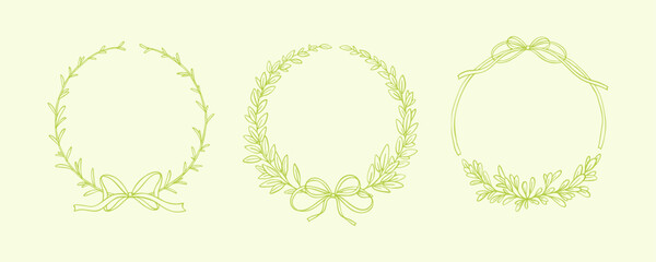 Set of trendy minimalist spring laurel wreaths with cute ribbon bows. Hand drawn doodle vector illustration. Logo, wedding invitation, monogram sketch design element. Green leaves and branches