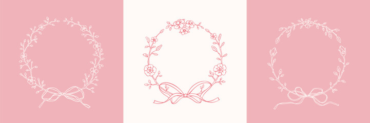 Cute line art hand drawn vintage flower frames. Coquettish girly design elements. Victorian filigree floral botany borders with ribbon bows. Aesthetic pastel coquette drawing. Pink wedding invitation