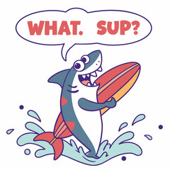 Cartoon Shark Surfer Saying Whats Up With Surfboard On Water