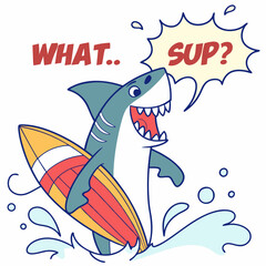 Funny Shark Surfing Cartoon Character Ready For Summer Fun