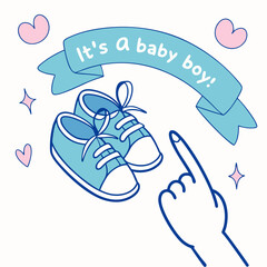 Baby Boy Announcement With Cute Shoes Hand And Banner Design