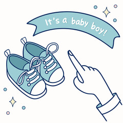 Its A Baby Boy Announcement With Blue Shoes And A Hand Pointing
