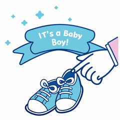 Baby Boy Announcement Illustration Featuring Blue Shoes And A Decorative Ribbon Banner