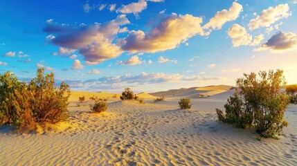 Fototapeta premium Desert sunset landscape, sand dunes, shrubs, footprints. Travel brochure, website banner
