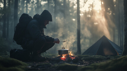 Camping in the forest at dawn while cooking over an open fire  camping, forest, cooking, campfire, dawn, outdoor, adventure, solitude, nature, 