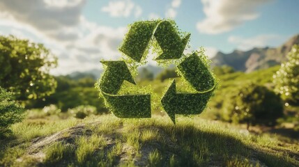 Artistic representation of a tree shaped like a recycling symbol, composed of lush green leaves and sparkling light.