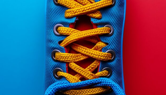Blue sneakers on a red and blue background. Flat lay, top view.