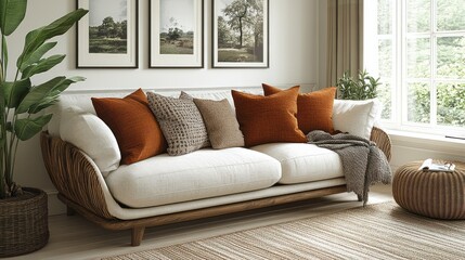 Cozy living room with rattan sofa, orange pillows, and nature prints