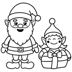 Obraz premium Cartoon Christmas characters illustration of Santa Claus, an elf, and children with gifts, spreading winter fun and love coloring page