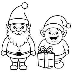 Cartoon Christmas characters illustration of Santa Claus, an elf, and children with gifts, spreading winter fun and love coloring page