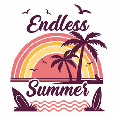 Naklejka premium Retro Endless Summer Vacation Illustration With Palm Trees And Surfboards Graphic
