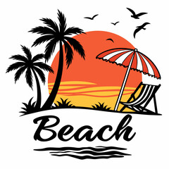 Tropical Beach Scene With Palm Trees Sunset And Deck Chair Illustration